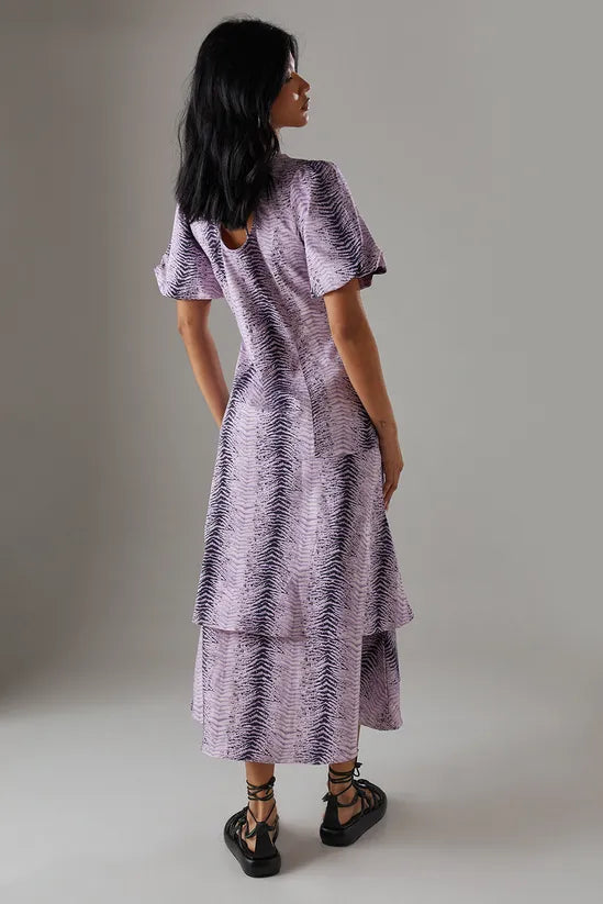 Animal Twill Puff Sleeve Ruffle Hem Midi Dress