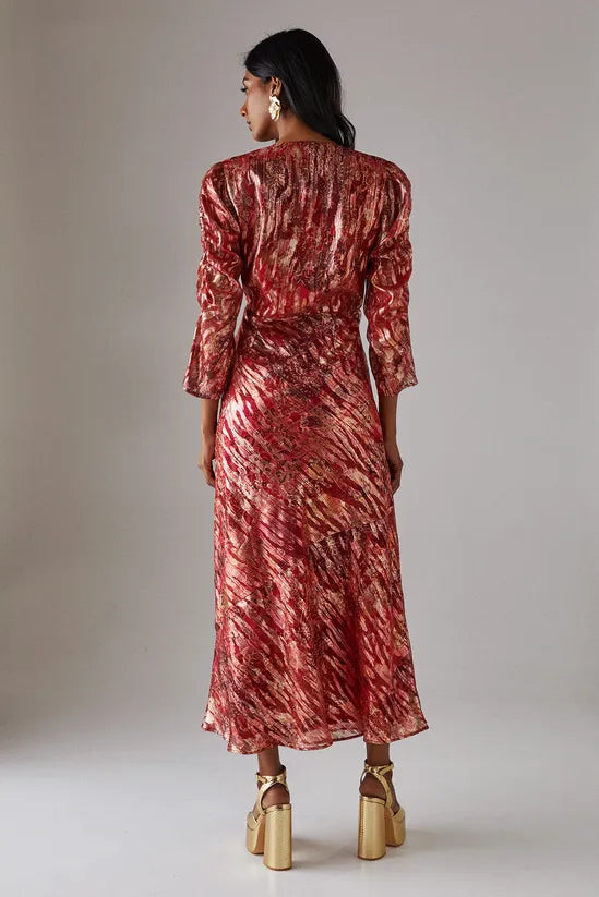 Metallic Jacquard Ruched Sleeve Plunge Neck Bias Midi Dress