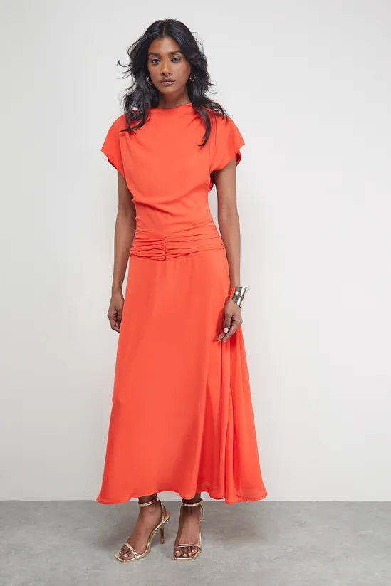 Chiffon Grown On Sleeve Drop Waist Midi Dress