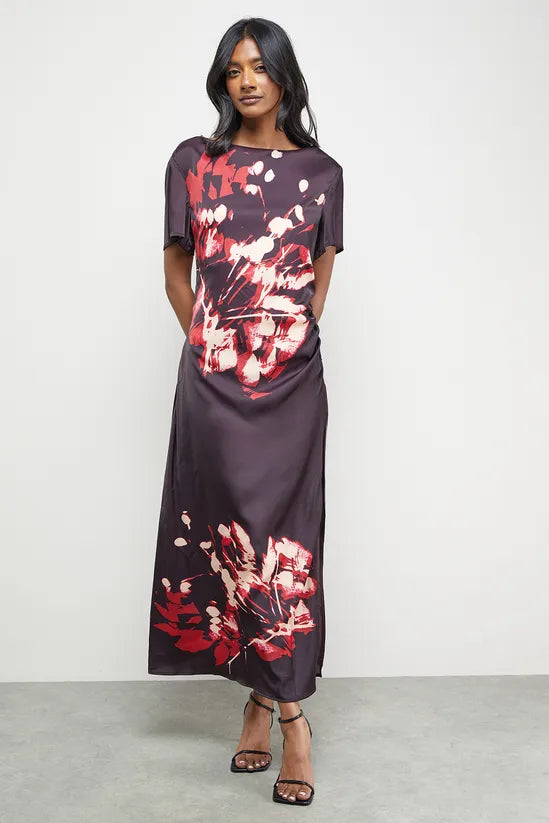 Placement Print Crinkle Satin Ruched Midi Dress
