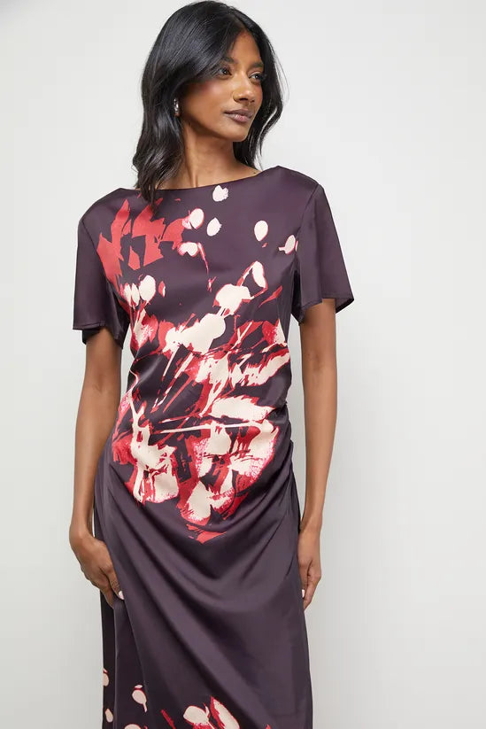 Placement Print Crinkle Satin Ruched Midi Dress