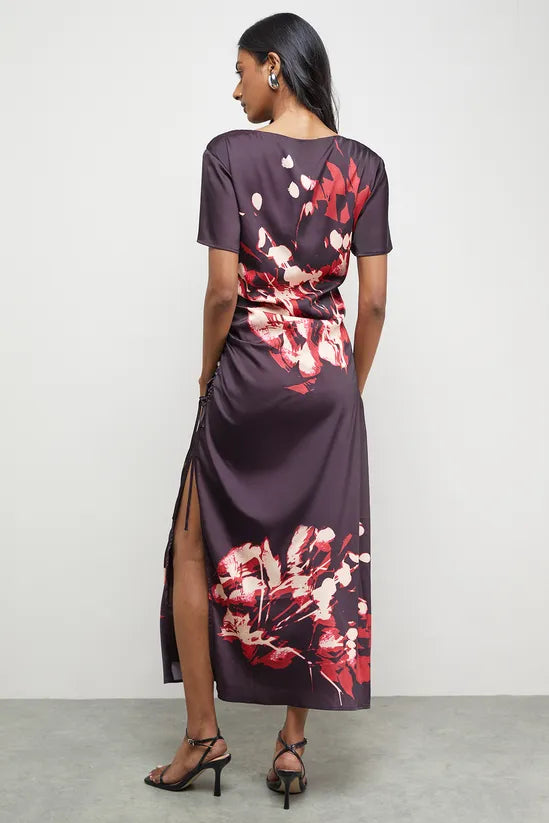 Placement Print Crinkle Satin Ruched Midi Dress