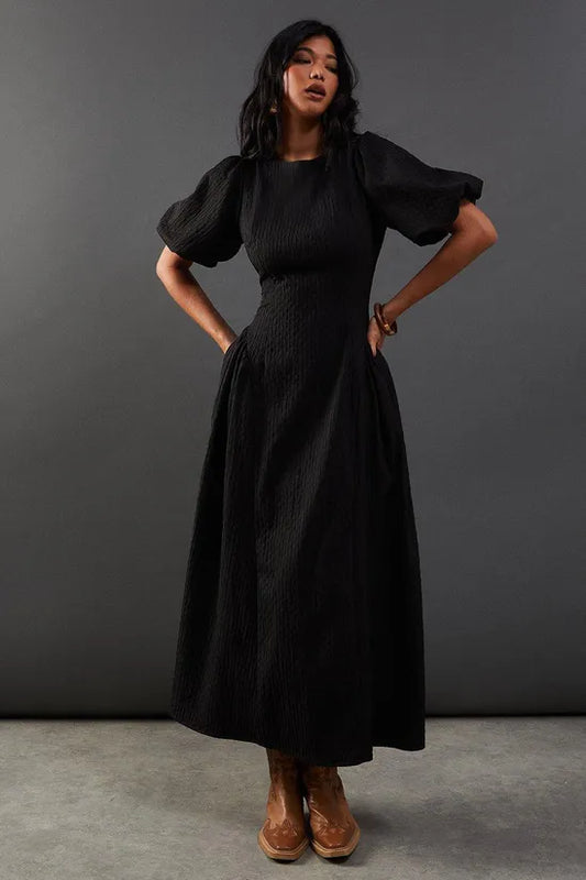 Seersucker Organza Godet Side Puff Sleeve Midi Dress
