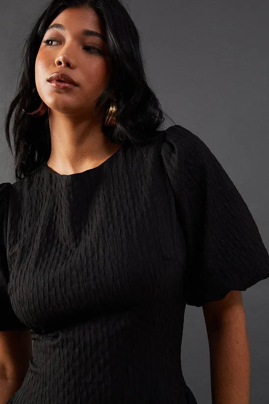 Seersucker Organza Godet Side Puff Sleeve Midi Dress