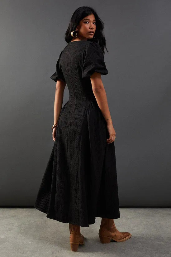 Seersucker Organza Godet Side Puff Sleeve Midi Dress