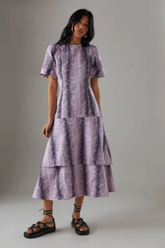 Animal Twill Puff Sleeve Ruffle Hem Midi Dress