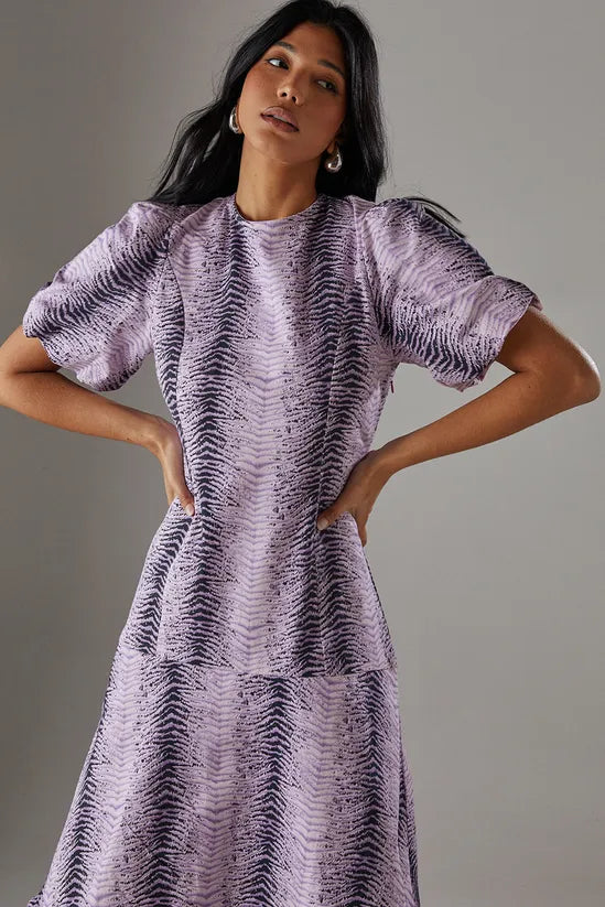 Animal Twill Puff Sleeve Ruffle Hem Midi Dress