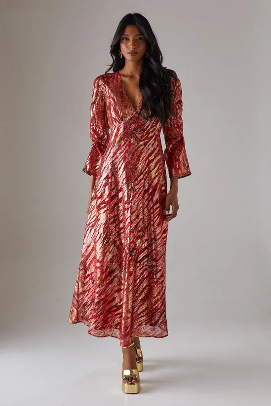 Metallic Jacquard Ruched Sleeve Plunge Neck Bias Midi Dress