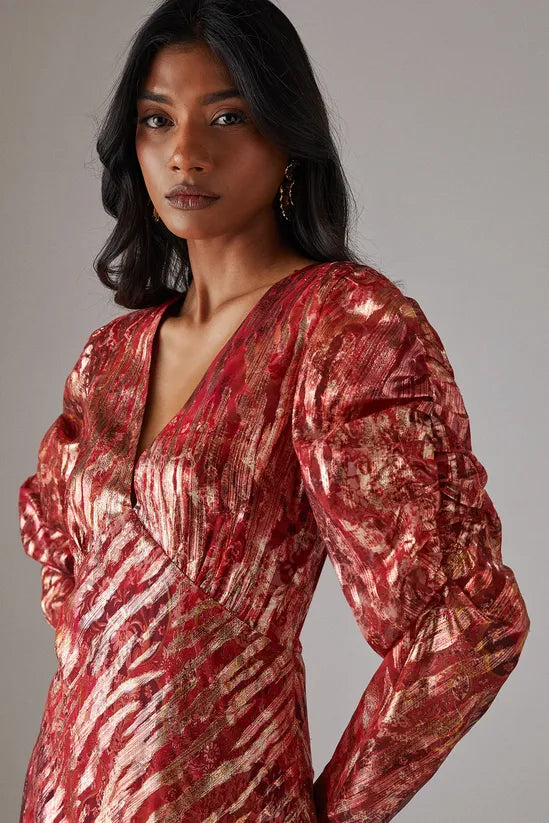 Metallic Jacquard Ruched Sleeve Plunge Neck Bias Midi Dress