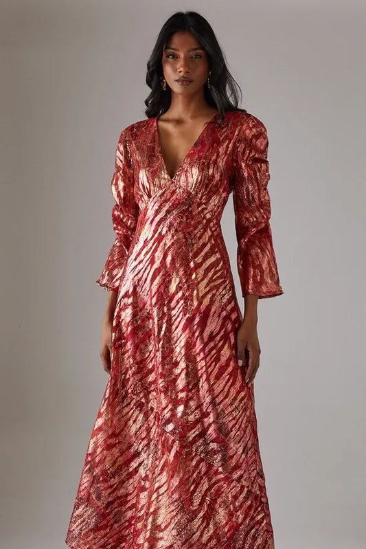 Metallic Jacquard Ruched Sleeve Plunge Neck Bias Midi Dress