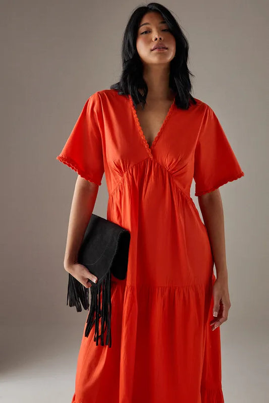 Poplin Whipstitch Trim Midi Smock Dress