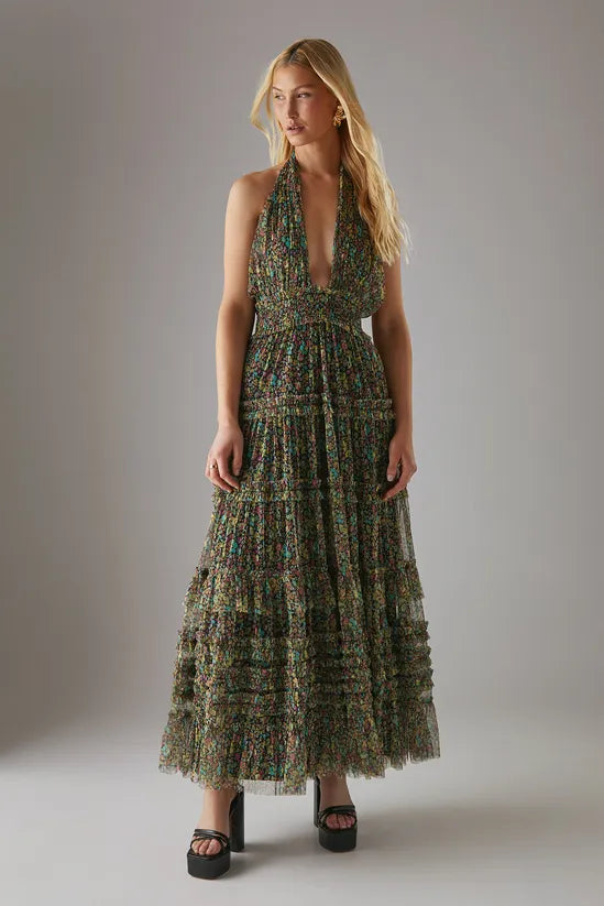 Tulle Halter Shirred Waist Tier Maxi Dress