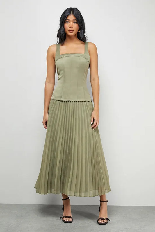 Satin Fitted Bodice Chiffon Pleated Skirt Midi Dress