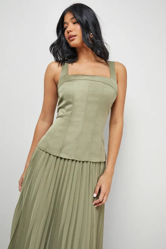 Satin Fitted Bodice Chiffon Pleated Skirt Midi Dress