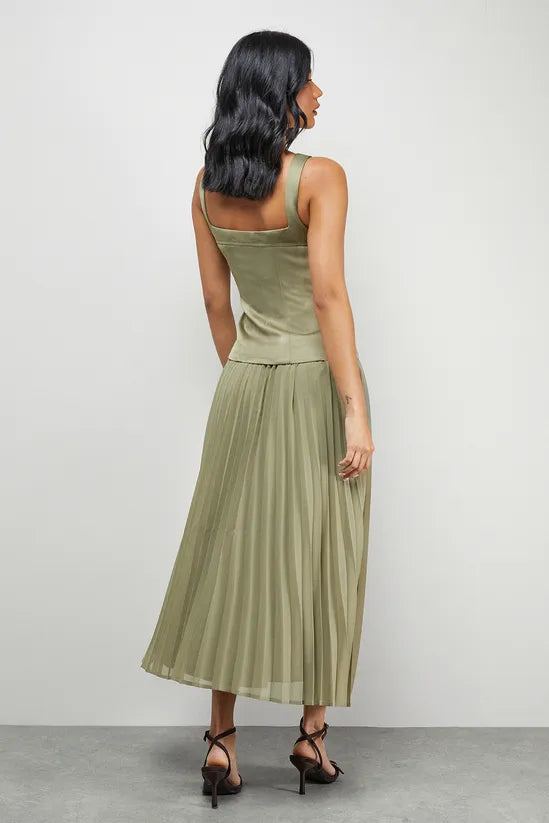 Satin Fitted Bodice Chiffon Pleated Skirt Midi Dress