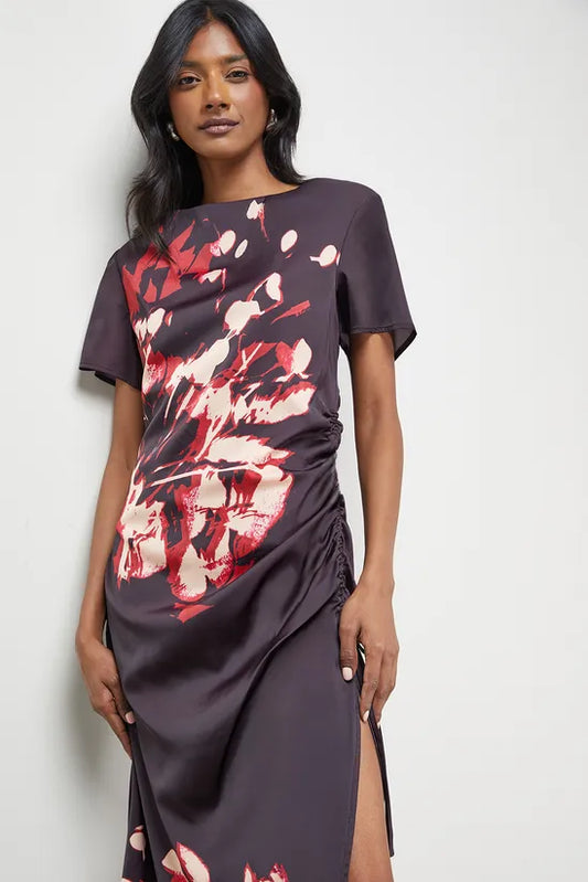Placement Print Crinkle Satin Ruched Midi Dress